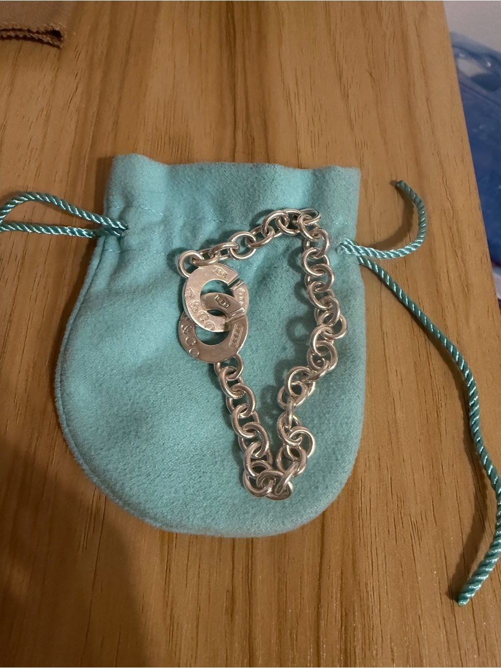 Silver Link Bracelet with Interlocking Circle Charms - Turquoise Accent - Picture 3 of 3